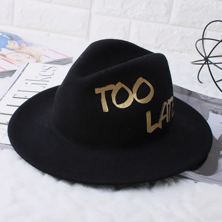 Winter New Style Formal Golden Characters Jazzy Unisex Fashionable Wool Wide Brim Hat plaid