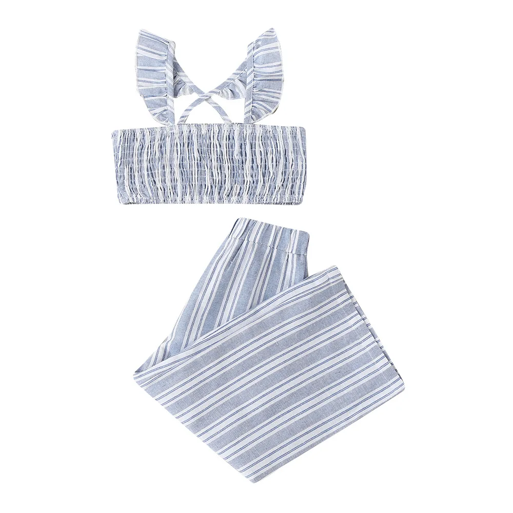 
Girls New Summer Cotton Temperament Cross Straps Striped Wide Leg Pant Suit Children Clothes For Wholesale 