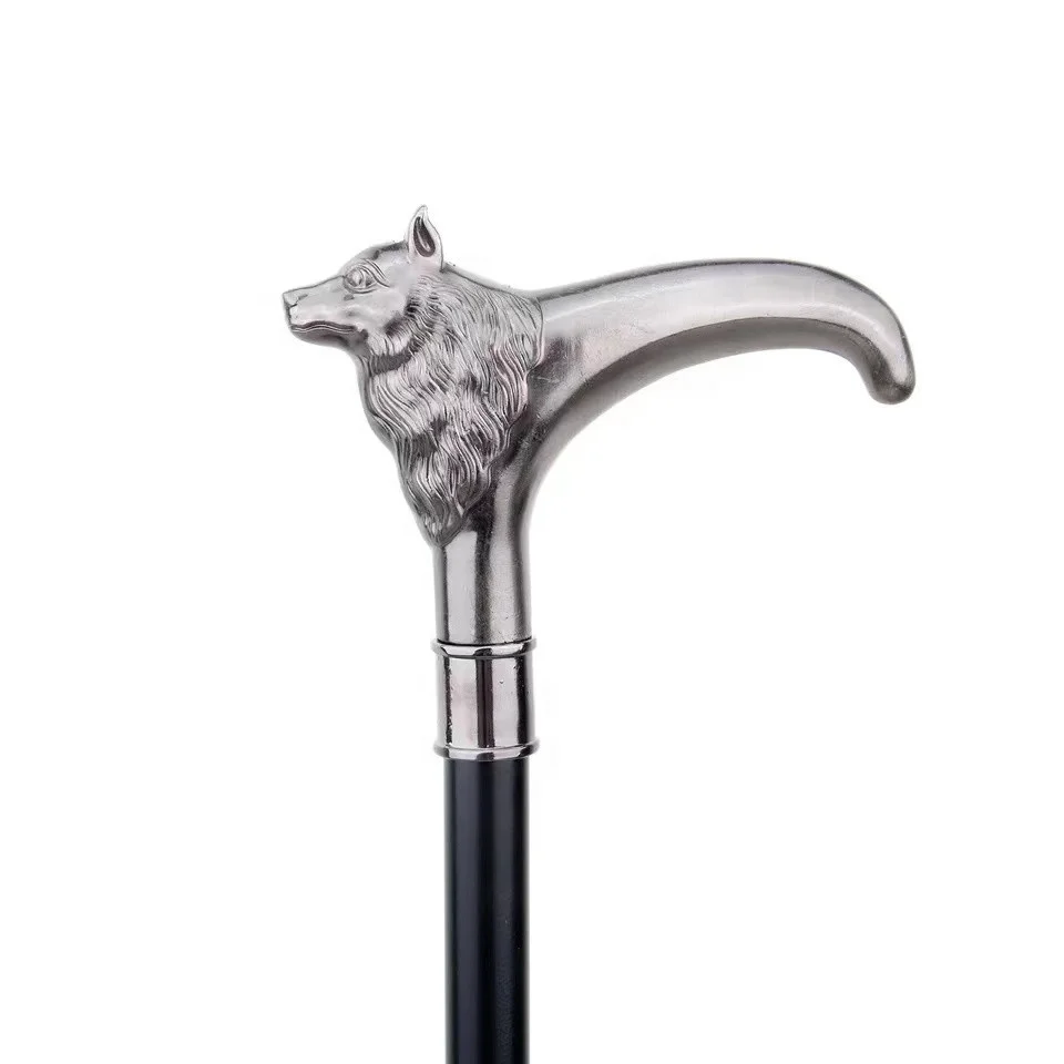 Silver wolf T handle Halloween Crosier cane self defense stick walking cane with Iron sheet inside