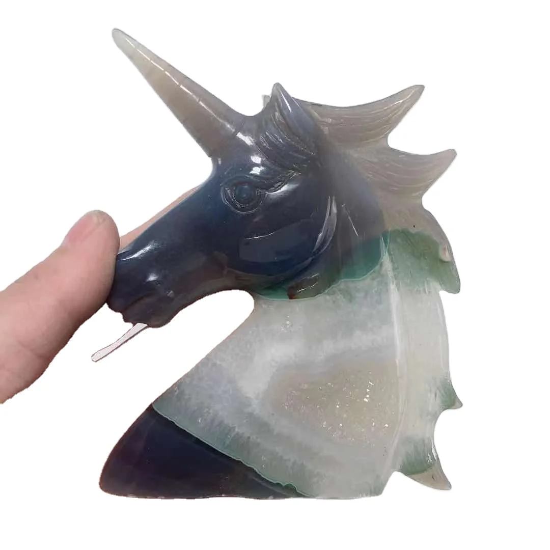 
Wholesale Folk Crafts Crystal Blue Lace Agate Geode Unicorn Hand Carved Crystal Animals For Halloween Decoration 