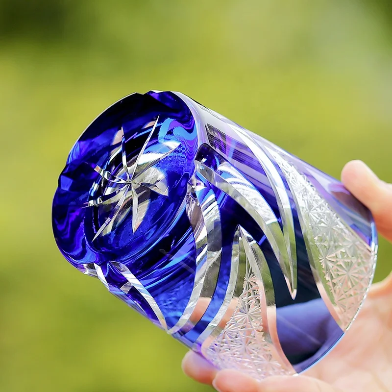 Kiriko Style Blue Clear Hand Carved Custom Color 250ml 8oz Japandi Design Drinking Glass for Wine Whiskey Sake & Cocktail