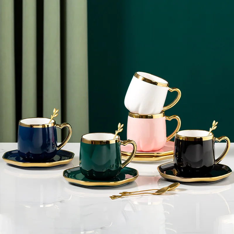 Custom Ceramic Cup and Saucer Colored Glaze Luxury Gold Rim Porcelain Espresso Cappuccino Turkish Coffee Tea Cup Set
