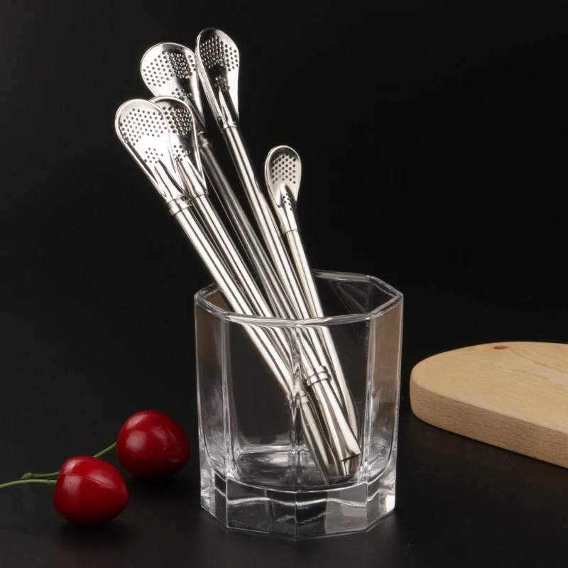 Custom Bar Beverage Accessories Reusable Stainless Steel Straw Spoon Yerba Mate Tea Bombilla Straw Mixing Drink Straw Coffee Spo