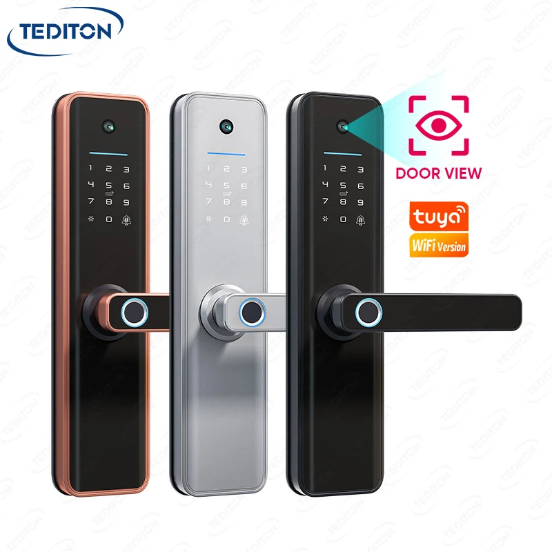 Tediton New Design Tuya Smart Lock Digital Viewer Password Key Cards APP Fingerprint Camera Door Lock