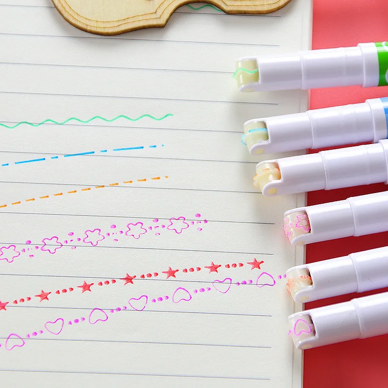 CHXN Creative 6-color Hand Ledger Lace Pen, Wave Pattern Fluorescent Pen, DIY Contour Curve Pen, Student Key Marker Pen Set HX