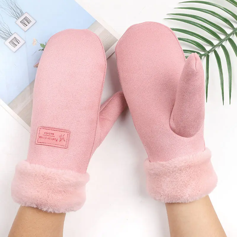 Wholesale Winter Cute Thick Plush Warm Suede Leather Mittens Gloves For Lady Girl With Lanyard