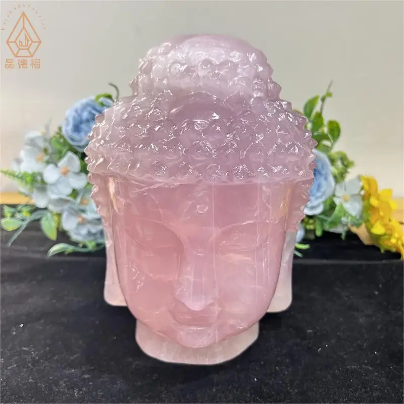 Kindfull Rose Quartz Buddha Head Carvings Healing Hand Carved Fengshui Crystal Buddha for meditation