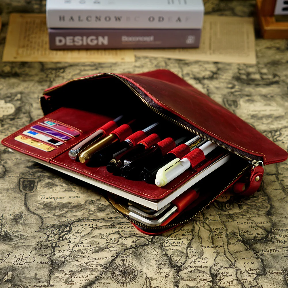 Large Capacity Storage Cowhide Genuine Leather Pencil Pen Pouch Bags Custom Credit Card And Pen Box With Card Holder