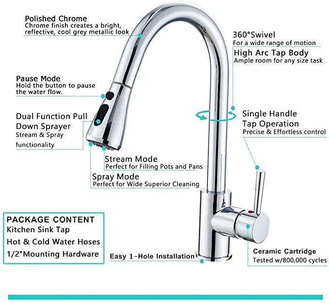 High quality pull out kitchen faucet brass mixer UK  Hot sale crermic cartridge chrome surface hot cold water