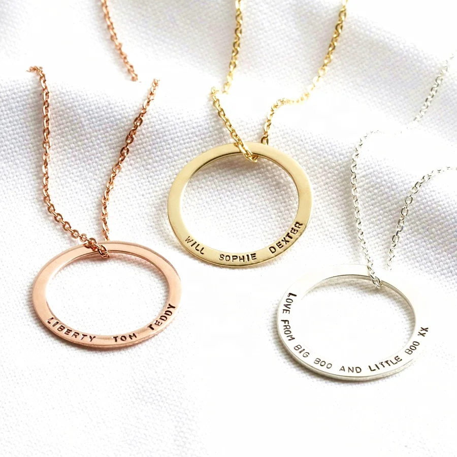 AFXSION Personalised Stainless Steel Jewelry Girls Gold Family Hoop Necklace Engraved Name Positive Phrase Word Circle Necklace