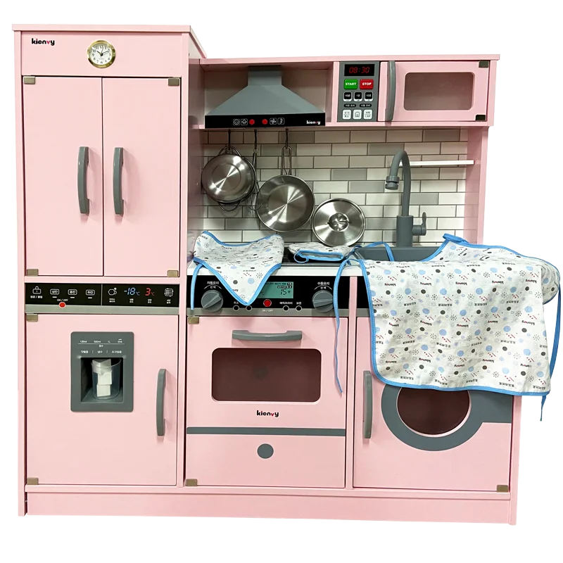 Pink Kids Kitchen Toys Pretend Wooden Big Kitchen Children Cooking Play Set Toy