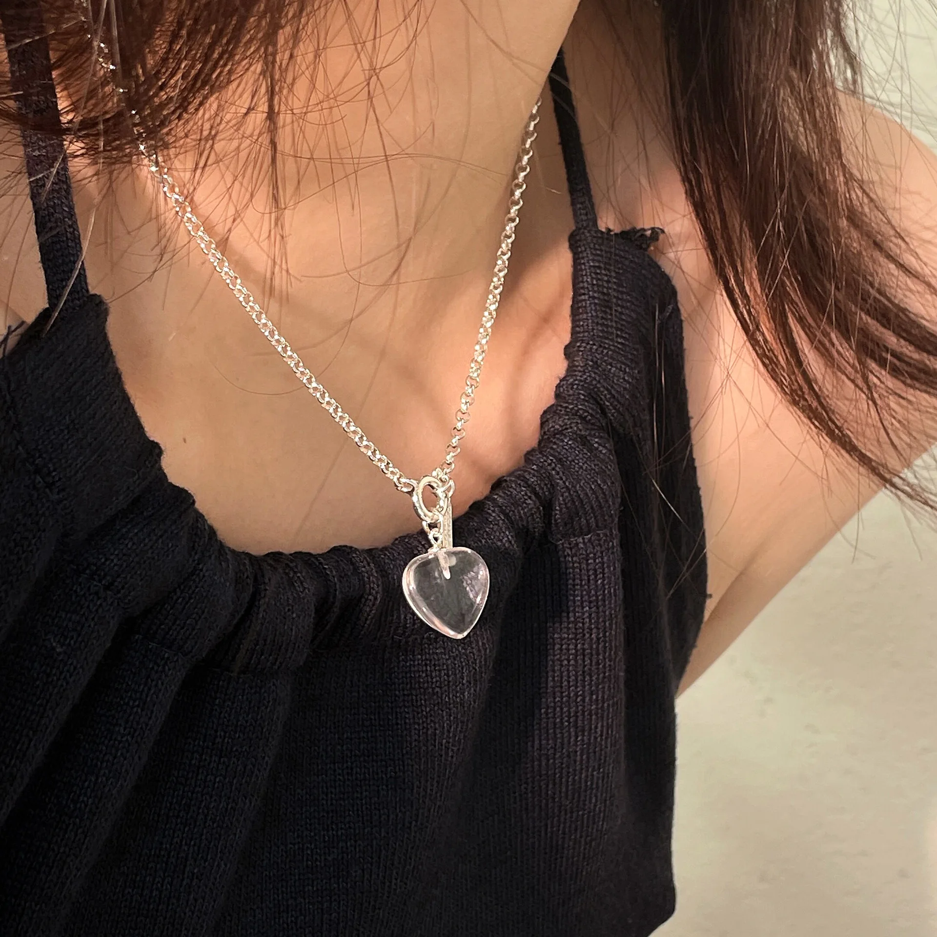 Transparent Love Pendant Necklace 2022 Summer New Korean Clavicle S925 Sterling Silver Cable Chain Necklaces