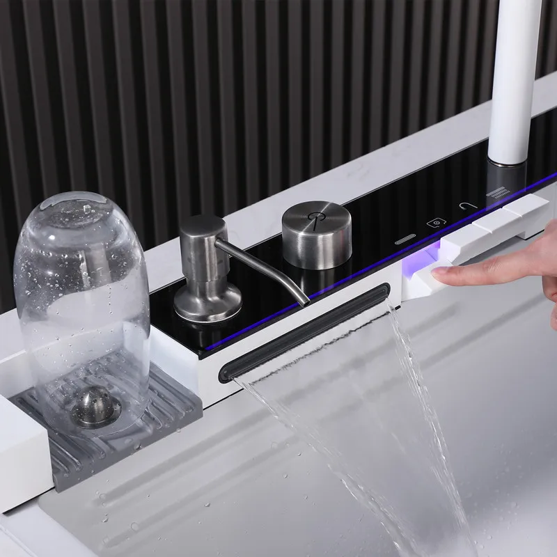 Tiktok Trend Black White Digital Display Faucet Stainless Steel Single Bowl Bionic Farmhouse Ceramic Kitchen Sink