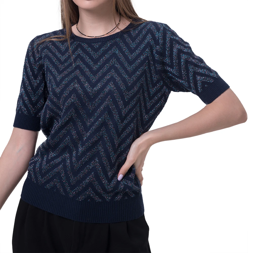 
Ever Fashion 2020 New Popular Color Design Lurex Navy Knit Tshirt Sweater Shrug Women College Sweater Pullover 