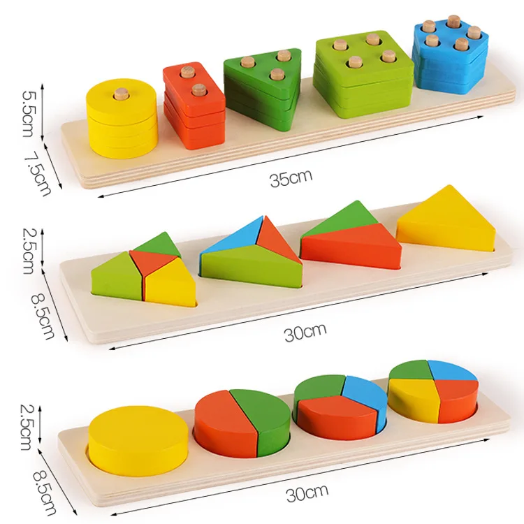 Kids Rainbow Wooden Educational Toy Multicolor Shape Sorter Stacking Block Geometric Stacker
