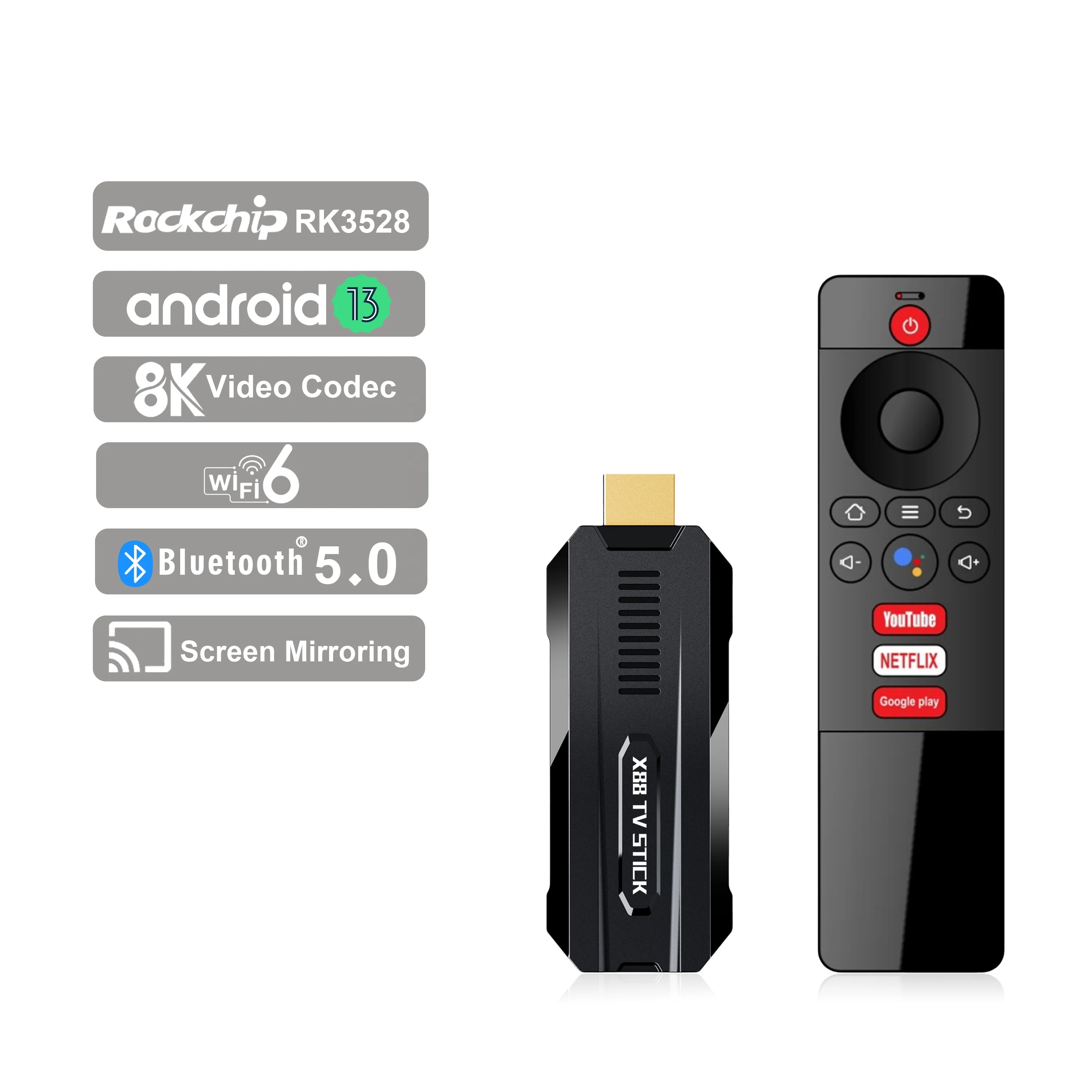 Smart TV Dongle With Android 13, BT5.0 And Wifi6 For 2024 Premium Rockchip RK3528 Original Factory Hot Sell X88 TV Stick
