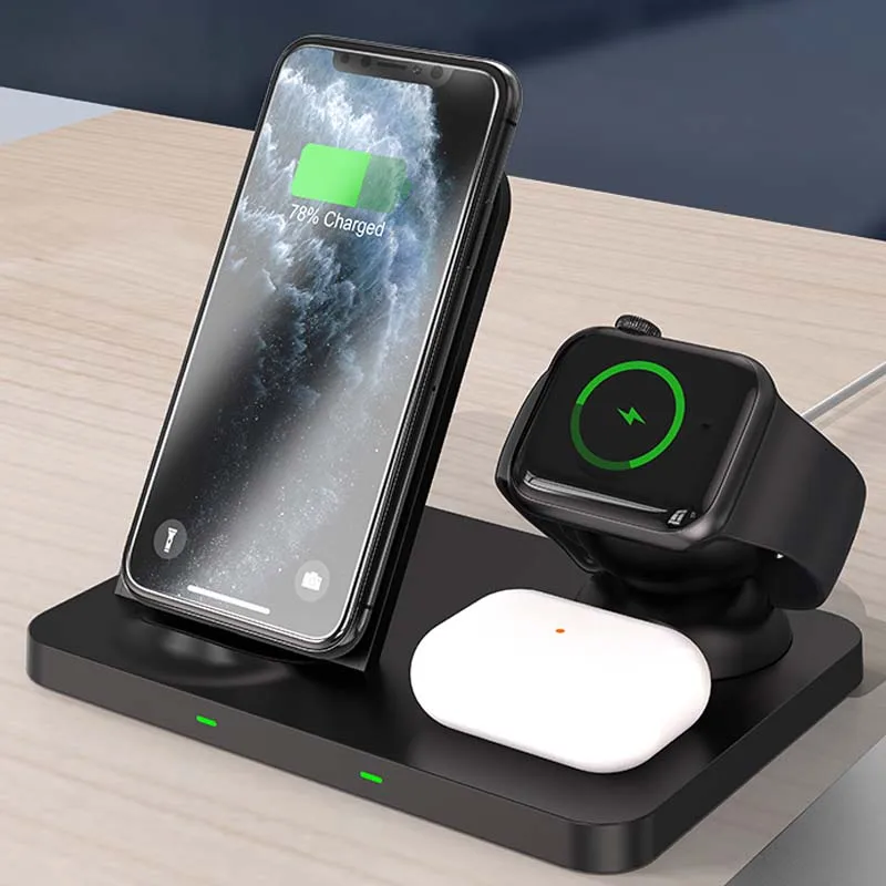 Многофункциональное Беспроводное зарядное устройство 3 в 1 для быстрой зарядки мобильного телефона, часов, наушников, 15 Вт