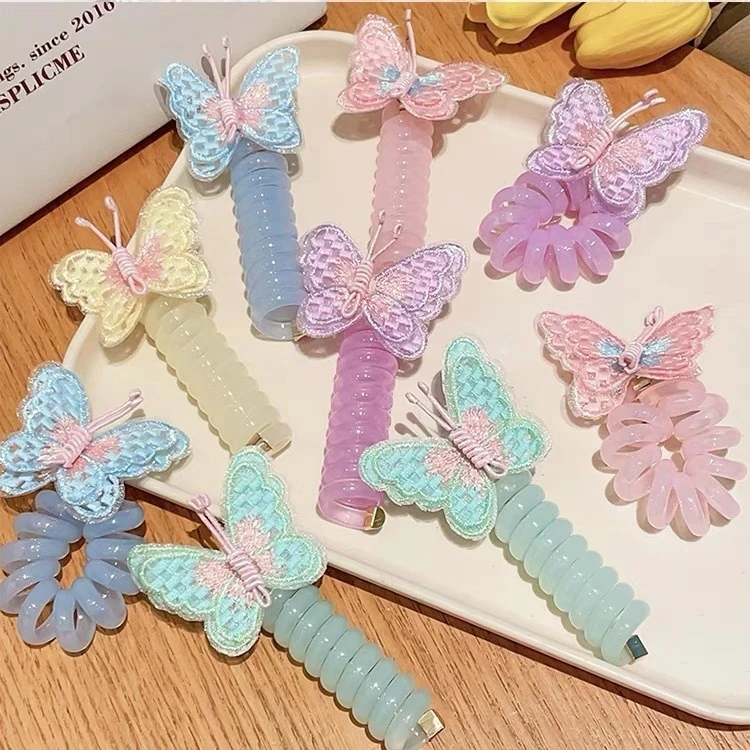 Butterfly Colorful Telephone Wire Hair Ties Women Girls Elastic Headband Spiral Coil Rubber Band Ponytail Hair Accessory