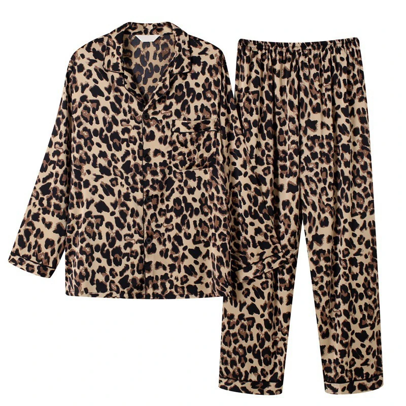 2023 New Silk Sleepwear Pajamas Set Silk Sleepwear Women 2PCS Men Leopard Print Solid Silk like Satin Pajamas