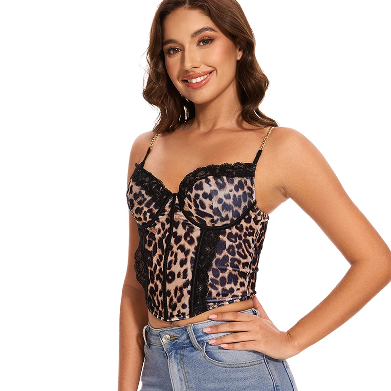 Custom logo wholesale daily clothing busty mature ladies sexy costume fashion chain leopard print bustier corset tops for women