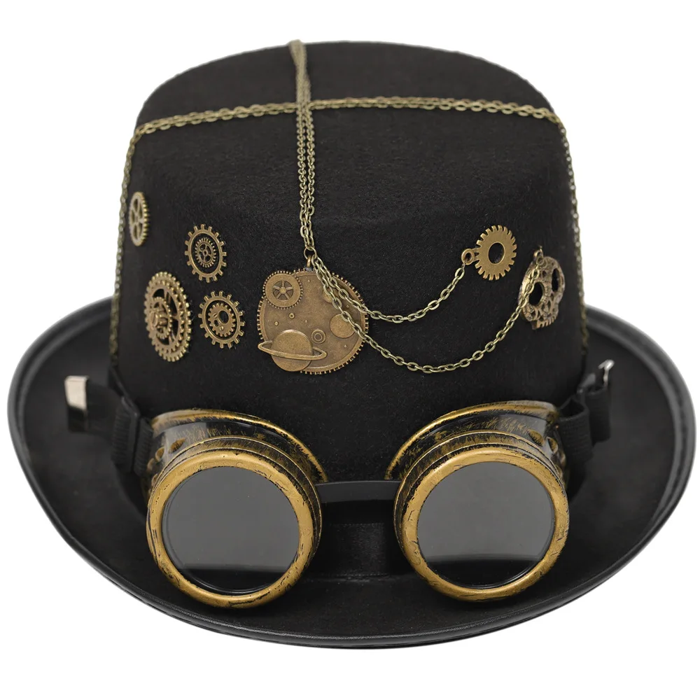 Vintage Black Steampunk Top Hat Gear Glasses Punk Hat Gothic HeadWear Holiday Party Decoration Hat Halloween Accessories