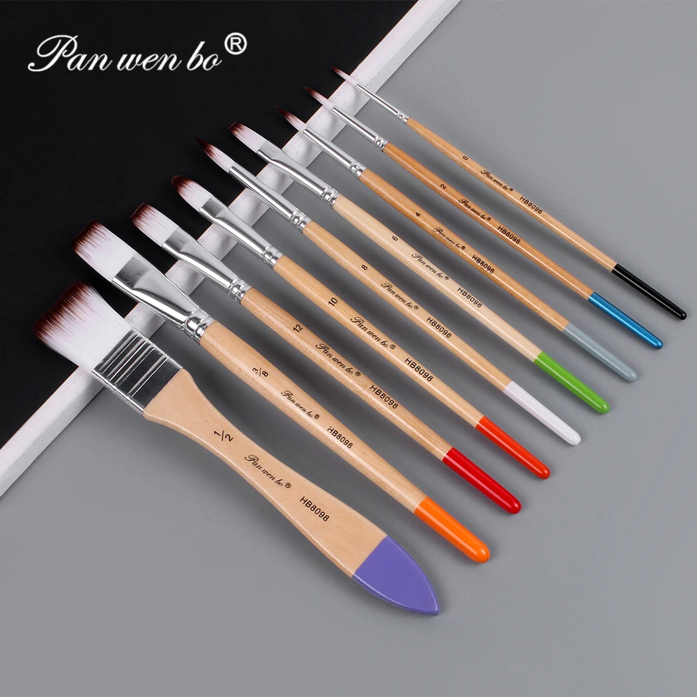 Panwenbo Good Quality 9pcs Art Paint Brushes Wooden Handle Nylon Hair Acrylic Watercolor Painting Brush for Students Artist