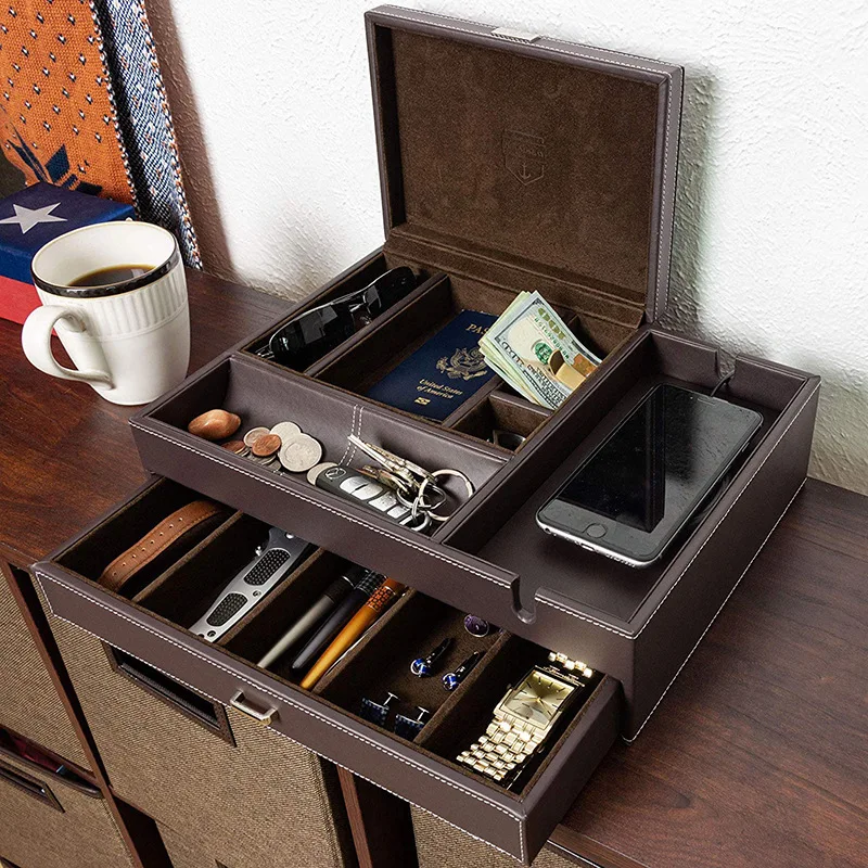 Custom 2 Layer Large Brown PU Leather Mens Valet Tray Desk Organizer for Watch Phone