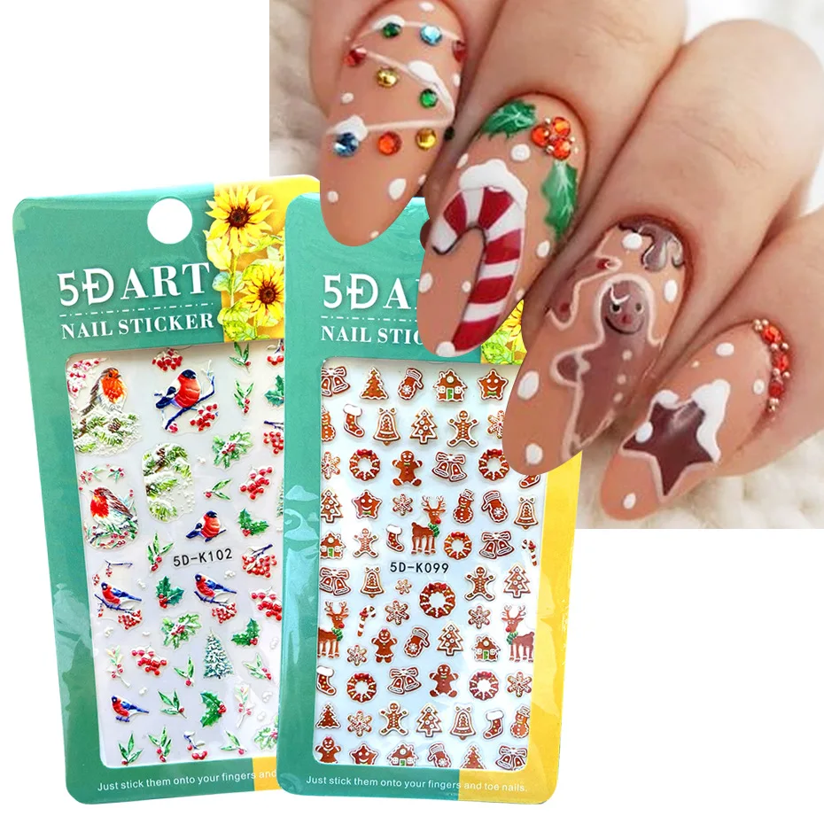 2021 New Nail Stickers 5D Embossed Stereo Christmas Series Self-adhesive Nail Art Snowflake Father Christmas Nail Stickers