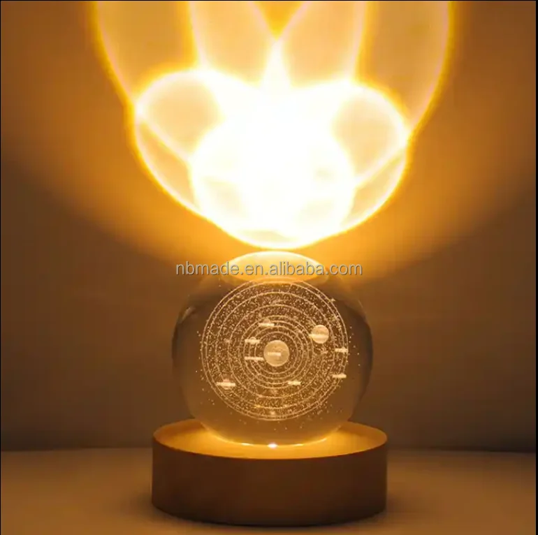 Solar System Moon Nebula 3d art K9 crystal ball Night Lamp luminous Crystal 3d Ball Night Lamp with Wooden Led Night Light Base