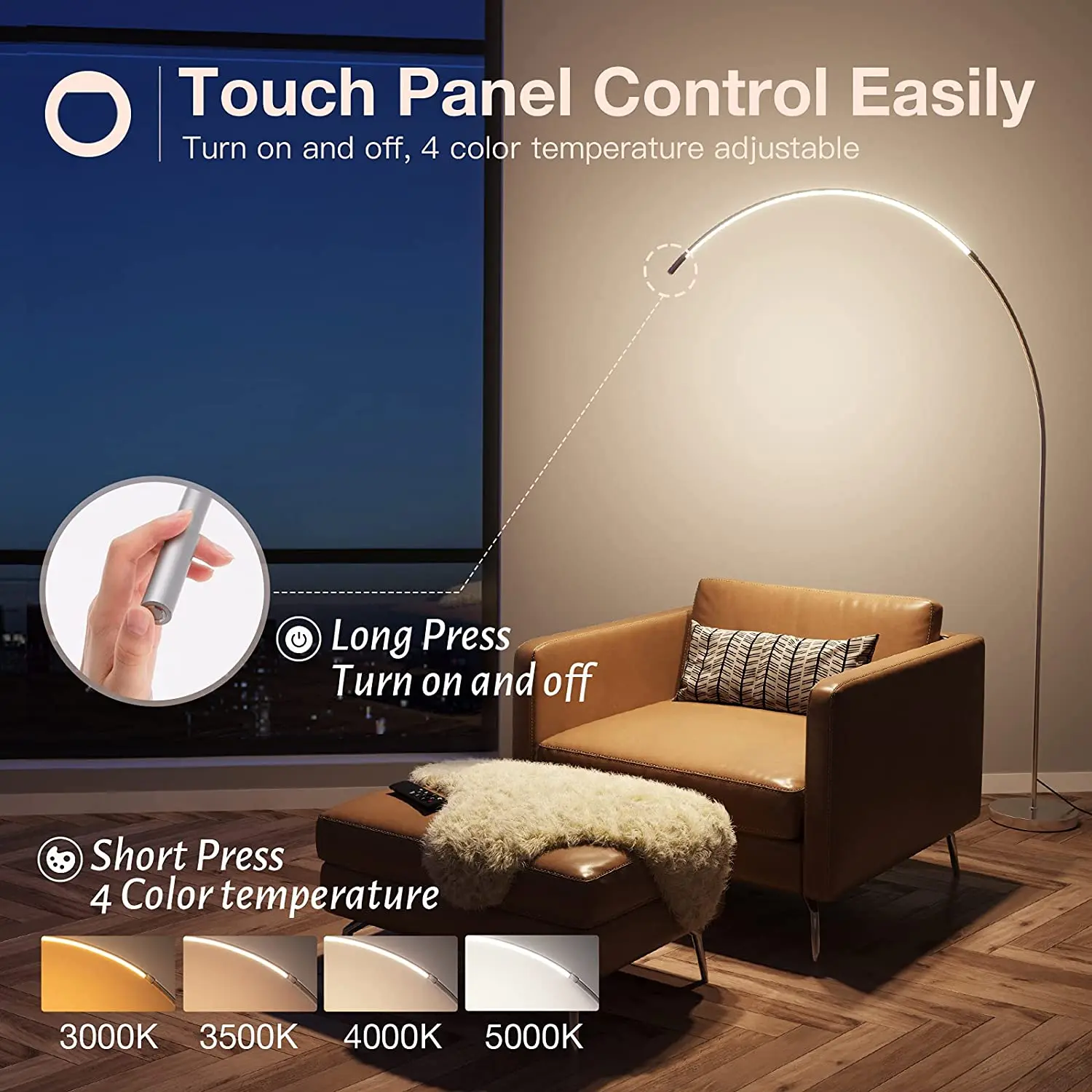 LED Arc Floor Lamp with Remote Control, Stepless Color temperatures and Brightness, Standing Lamp Dimmable Light Arching from Be