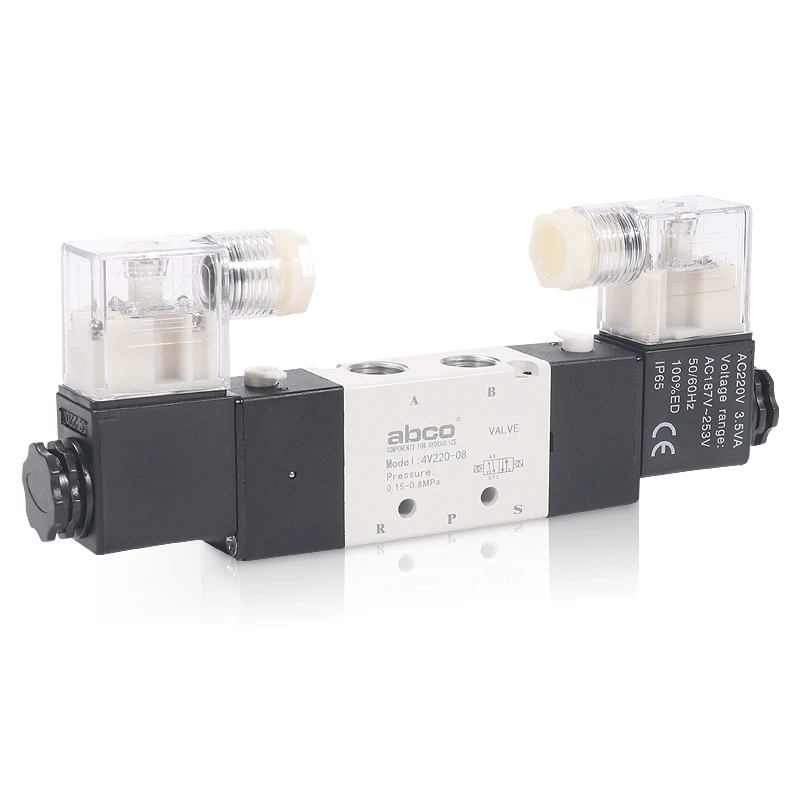 Two position five way double electric control solenoid valve 4v220-08 / 120-06 electronic reversing air valve