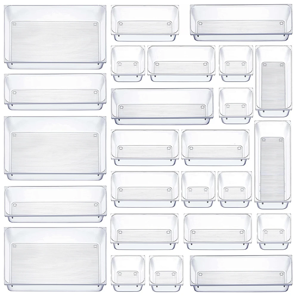 Customize Layout Desk Drawer Organizer Set 5-Size Desk Drawer Storage Bins Clear Plastic Multi-function Drawer Organizer Trays