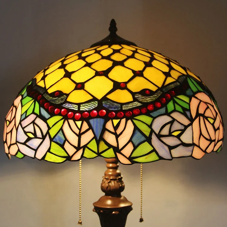 LongHuiJing 16Inch Tiffany Peony Blossom Floor Light Handcrafted Pink Orange Glass Lamp Shades Single Bronze Night Lamp