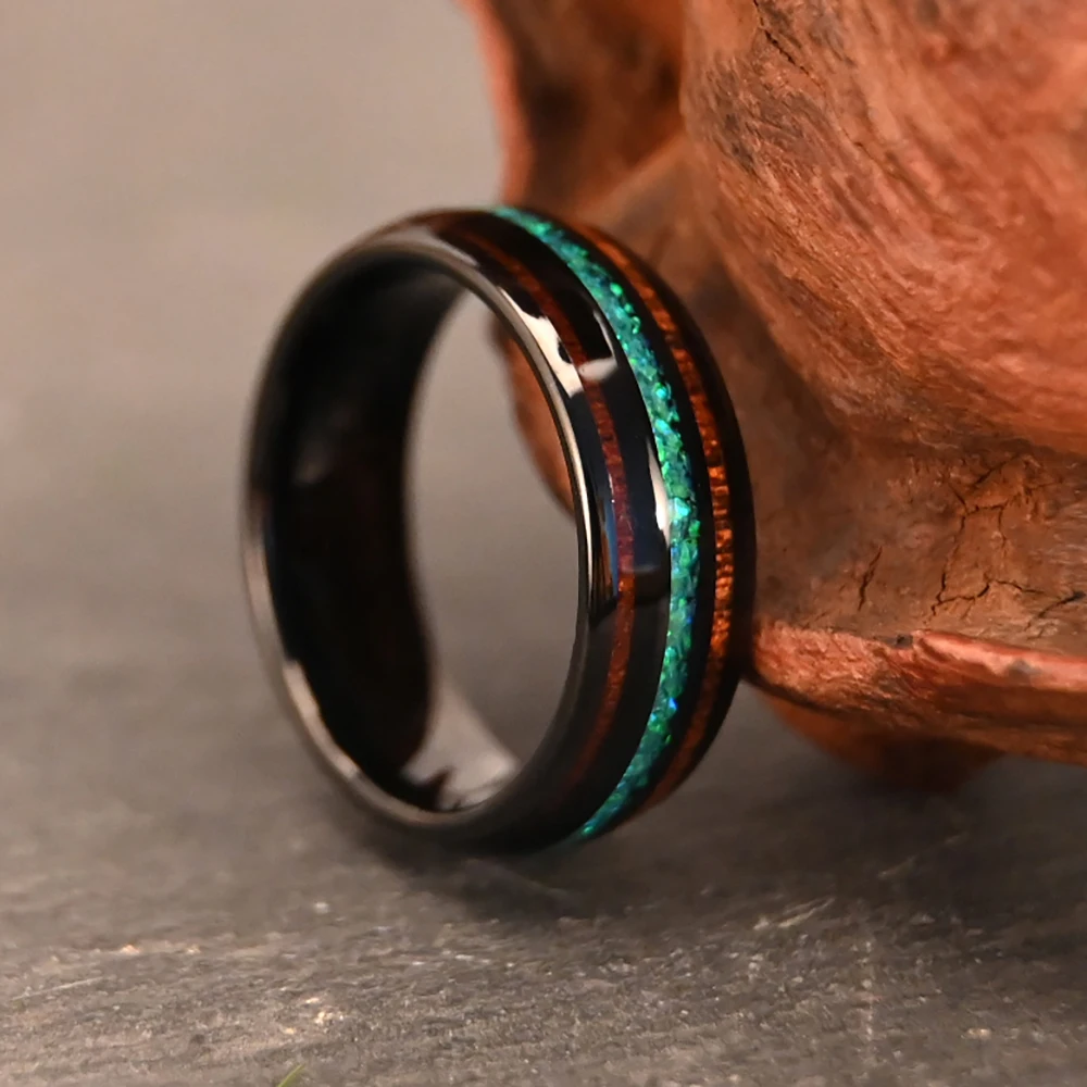 6mm 8mm IP Black Plated Tungsten Men Ring Inlay Koa Wood and Crushed Green Opal Laser I Love You Mens Tungsten Ring