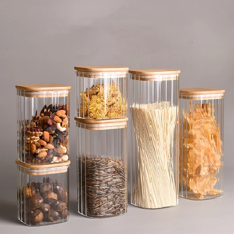 Food/spice/coffee Storage Jar Container Set Bamboo Lids Square High Borosilicate Glass Modern Camping Kitchen Food Glass Bottle