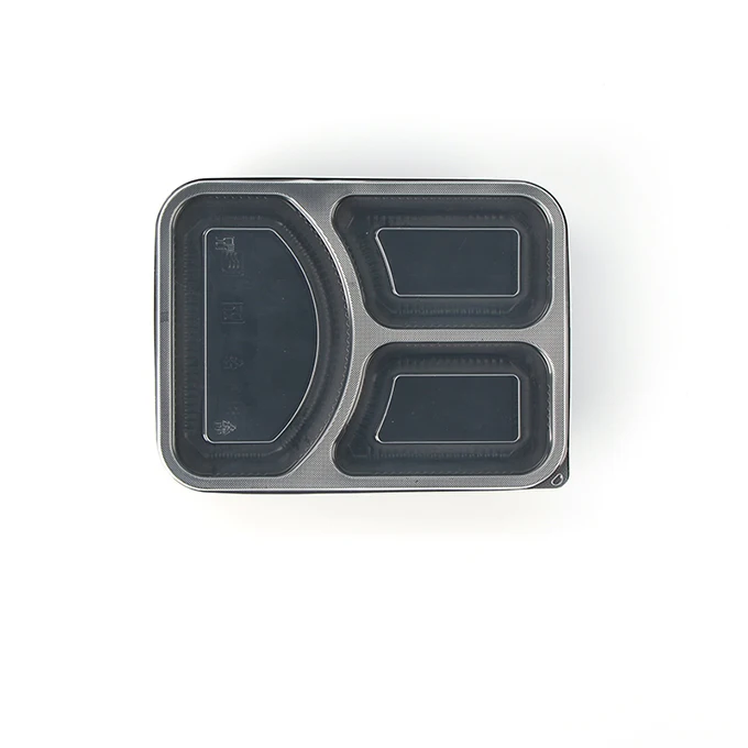 Eco Friendly Black Heavy Weight Microwave Disposable Food Bento Boxes Take Away 3 Compartment Lunch Boxes With Clear Lid