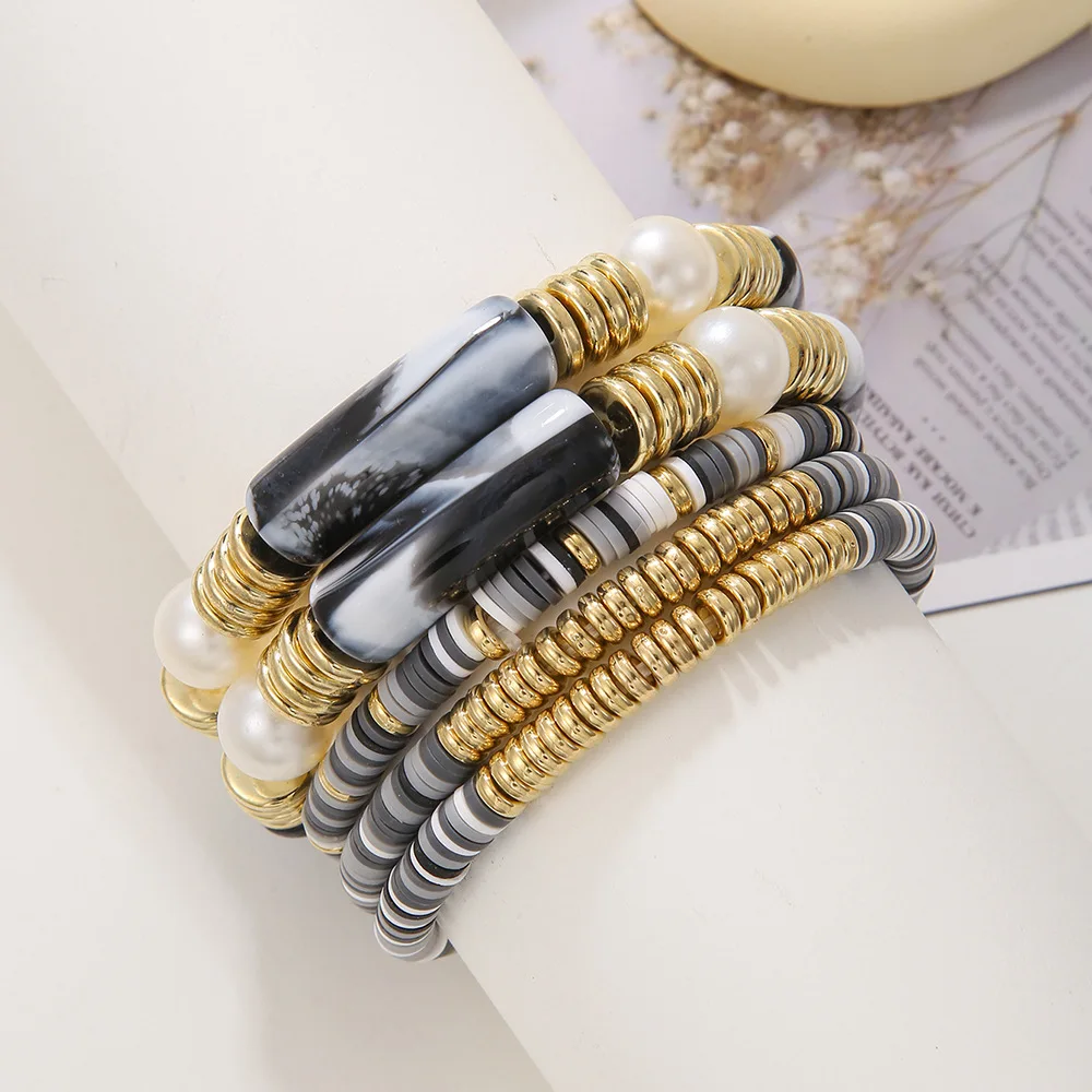 Hot sale  Boho Polymer Clay Pearl Beading 18k Gold Layered Bracelet Women Vintage Elastic Acrylic Bracelet Jewelry For Gift