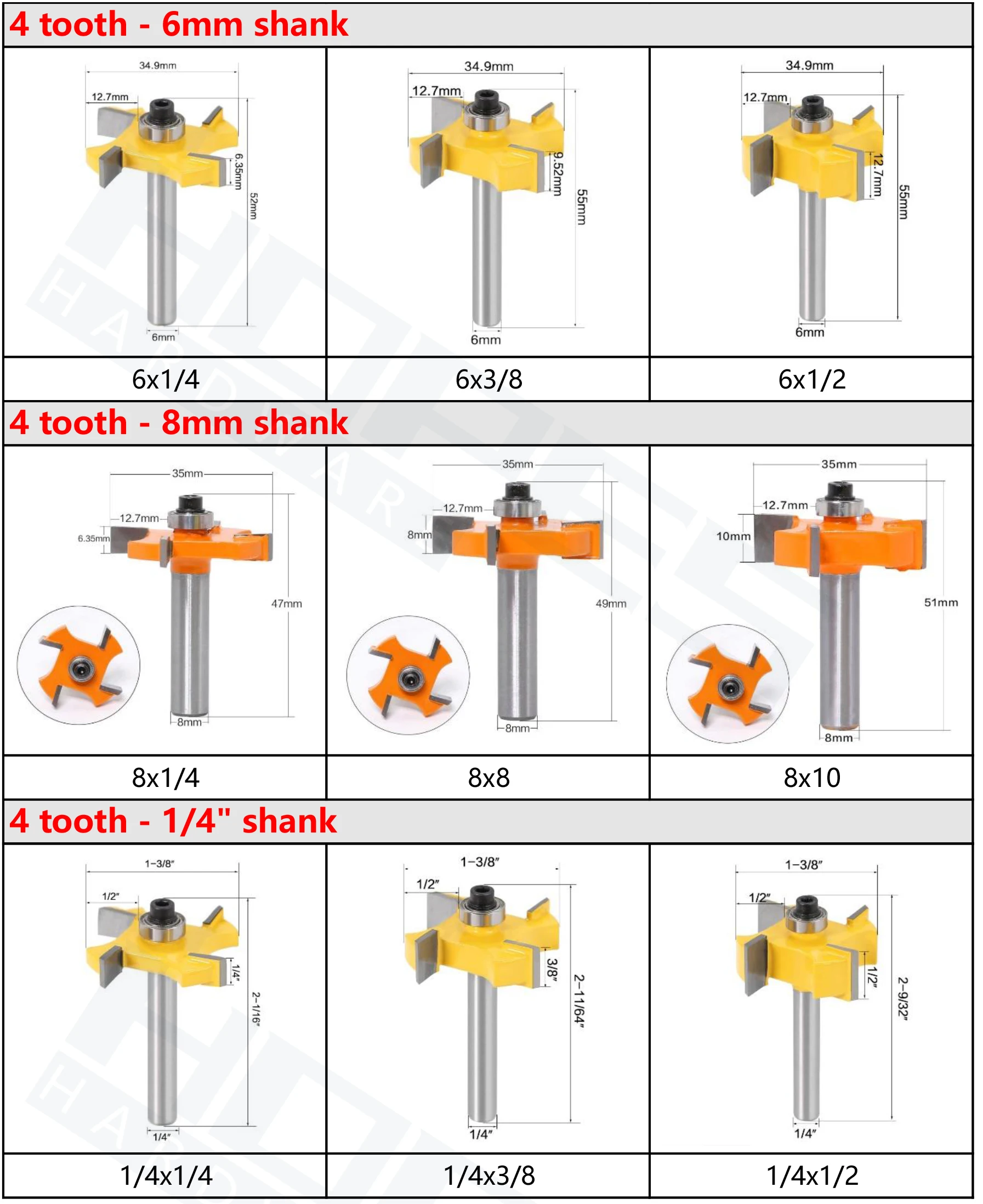 1/4 Inch Shank 3/8 Carbide Tooth Woodworking Slot Router Bits Groove Milling Cutter for Wood Trimming Engraving Tools