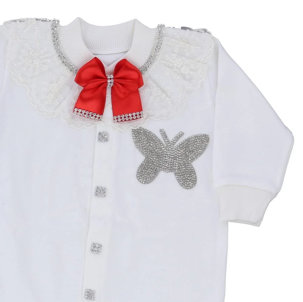 3 Pieces Red Butterfly 100% Cotton Fabric Knitted Long Sleeve Bamboo Bubble Wholesale Custom Baby Romper Set, Baby Gift Set