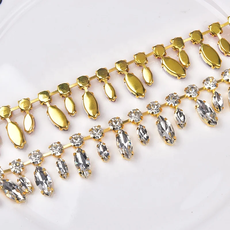 Handmade Horse Eyes and Round Glass Rhinestone Crystal Tassel Gold Plated Metal Cup Chain Flower Trim DIY Bridal Dress Belt Shoe