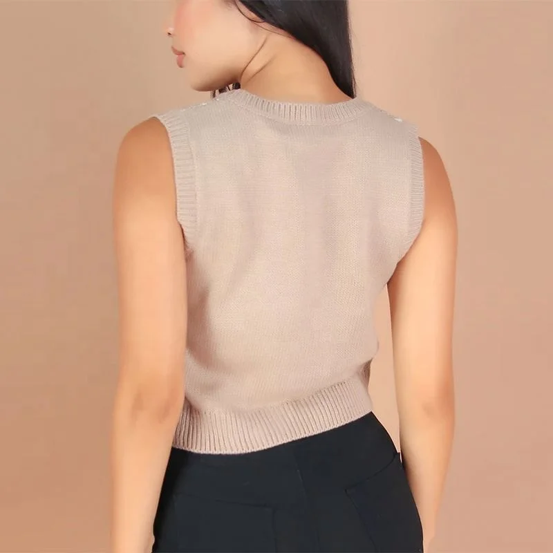2024 SS Wholesale Customized Knitwear Checker Knit Cotton Sweaters V Neck Color Block Women Sweater Vest Cardigan