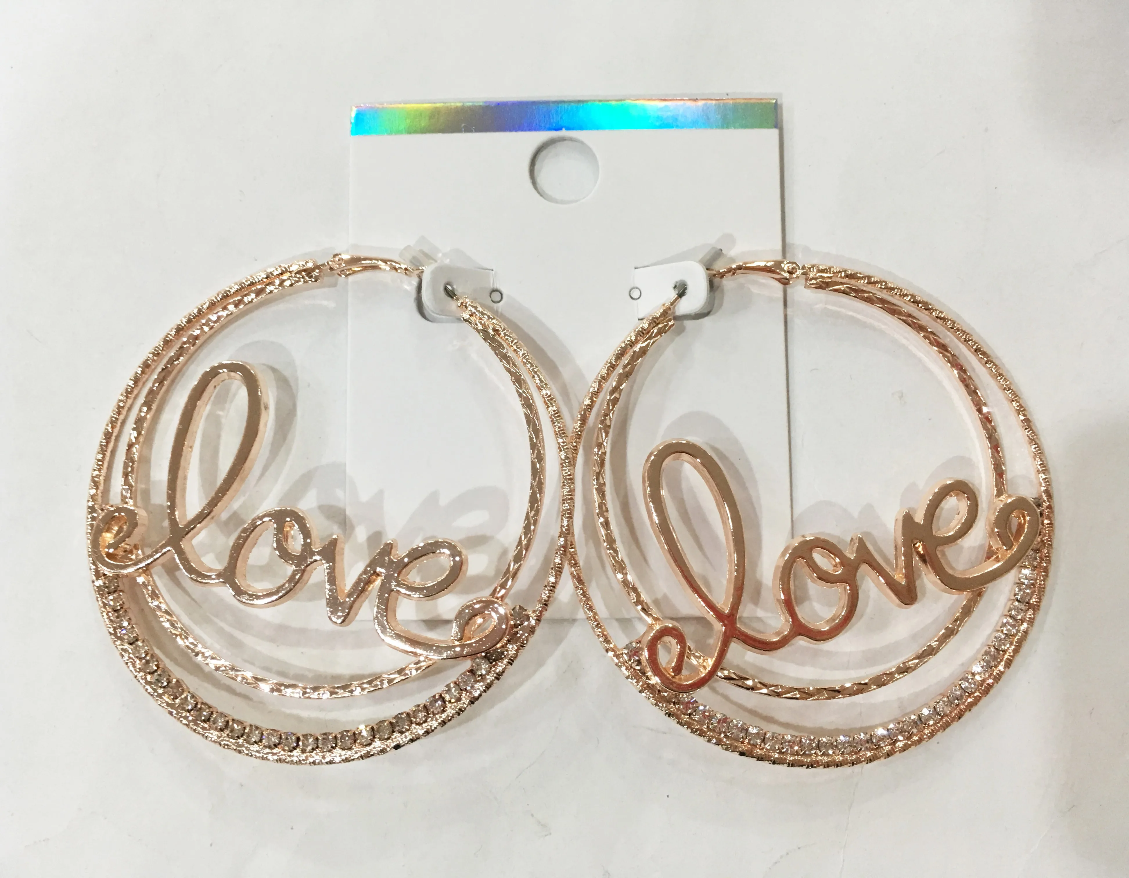 
nice design gold and rhodium plated Hoop Earring with Love and Stones for women 