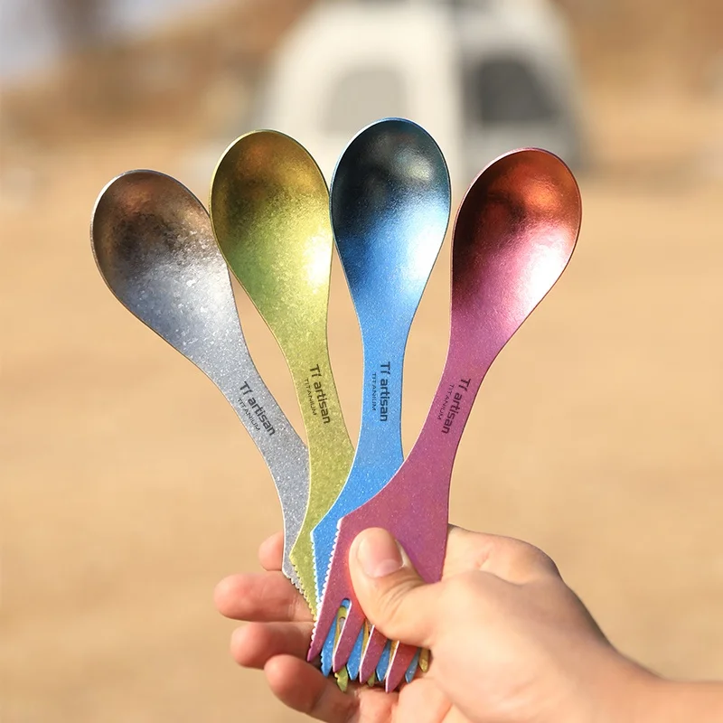 Camping Accessories 3 In 1 Camping Utensil Titanium Spork Knife Outdoor Picnic Tools Metal Spork with colorful ice flower