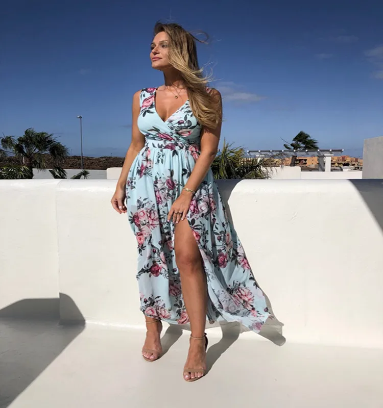 
Drop shipping for 2021 new spring and summer printed chiffon dress sleeveless holiday beach split long skirt 