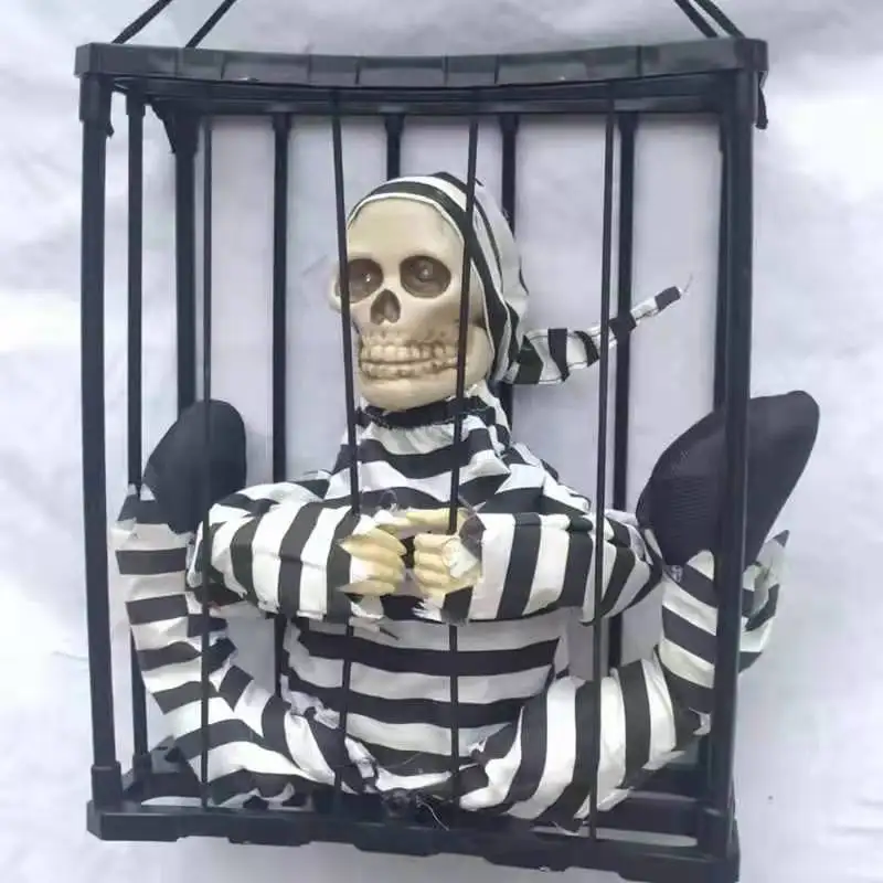 halloween props haunted house voice and light up sound control prisoner in cage hanging ghost scart toys