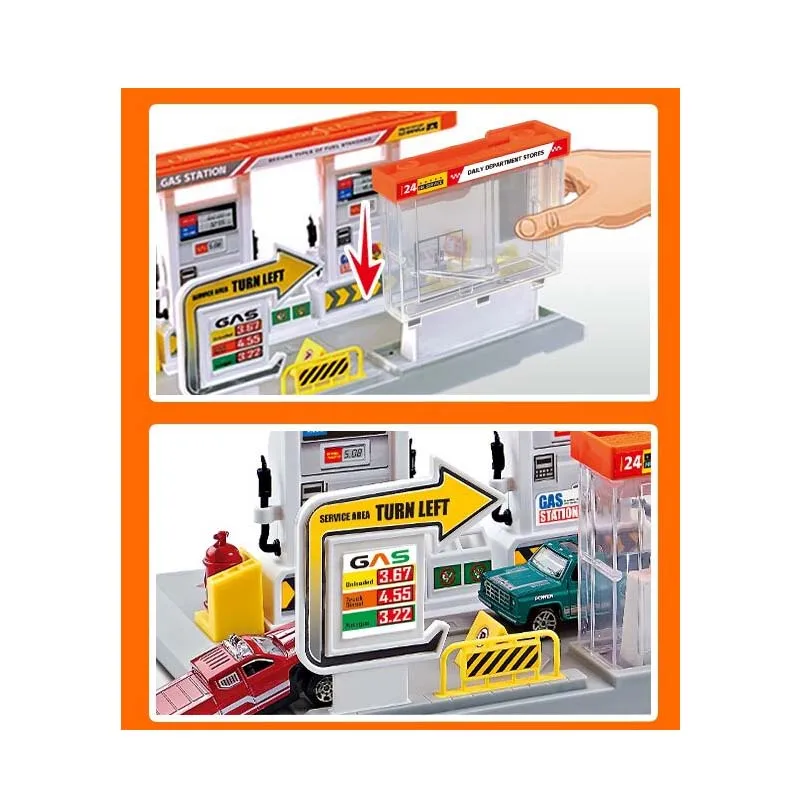 Kids Petrol Station Toy Parking Lot Racing Cars City Gas Equipped with 4 Mini Alloy Car