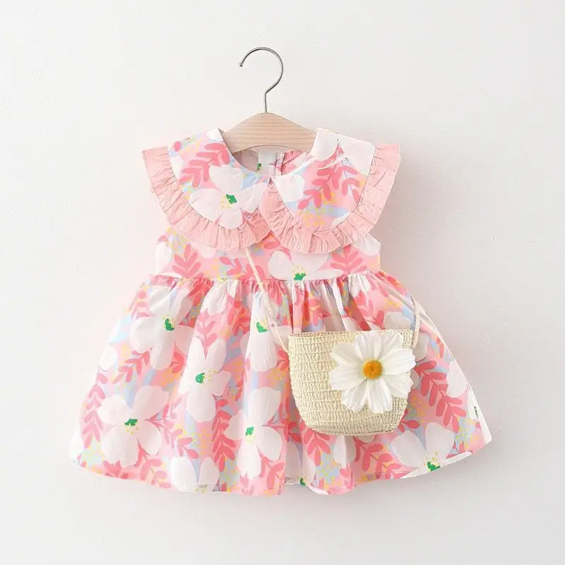 Sleeveless Beach Sweet Frock Cute Strawberry Cheap Flower Smocked Kids Newborn Summer Cotton Baby Girls Casual Dresses with Bag