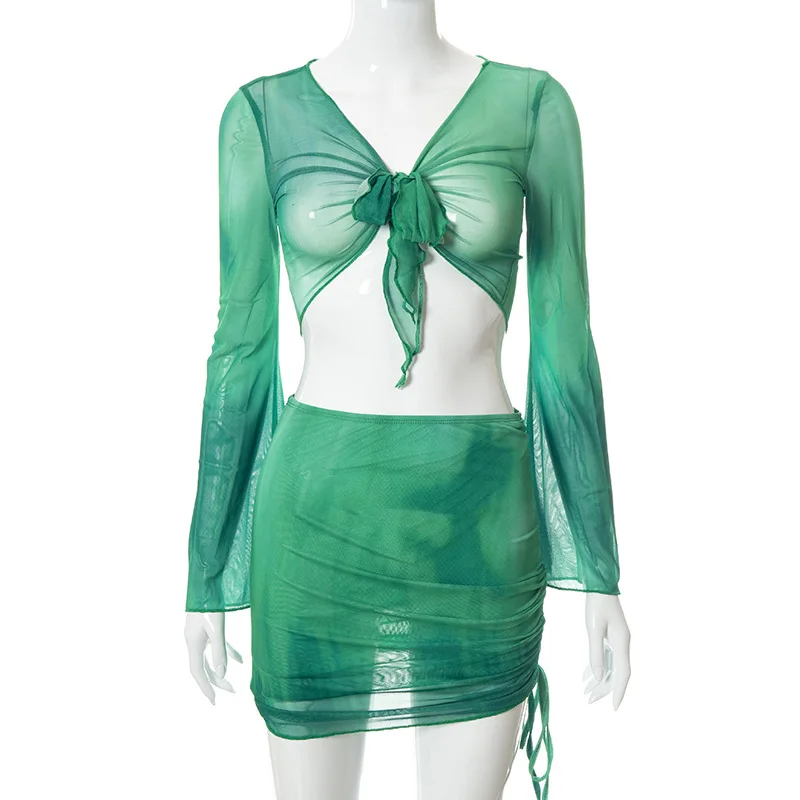 2023 Deep V Neck Printed tie-dyed Color  Crop Tops Mesh Mini Skirt Sets two piece sets Ruched Skirts Drawstring Beachwear