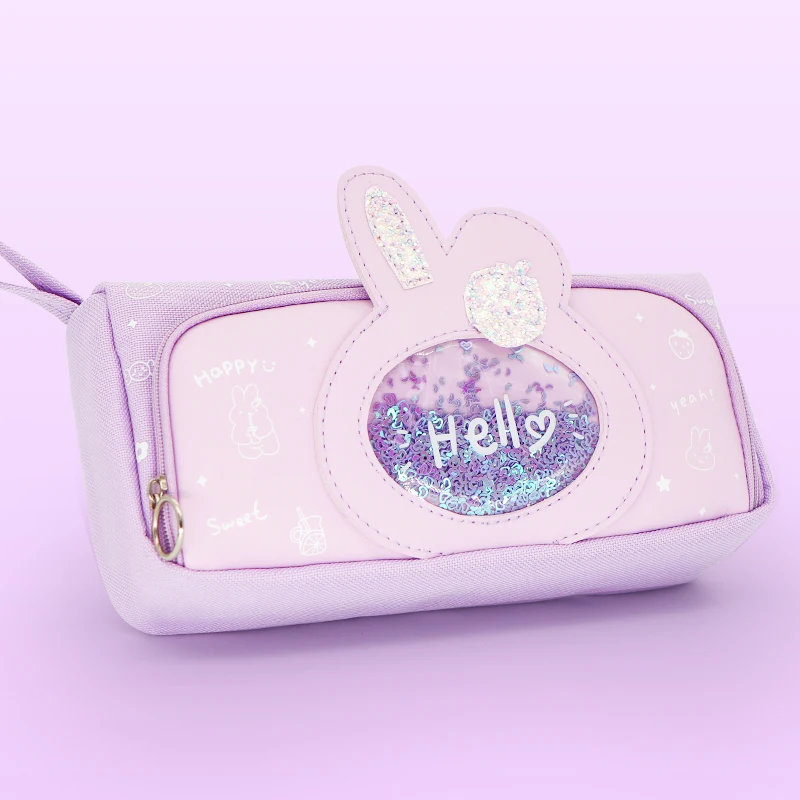 Large-capacity cartoon girl pink stationery storage bag girl pupil transparent window quicksand pencil case