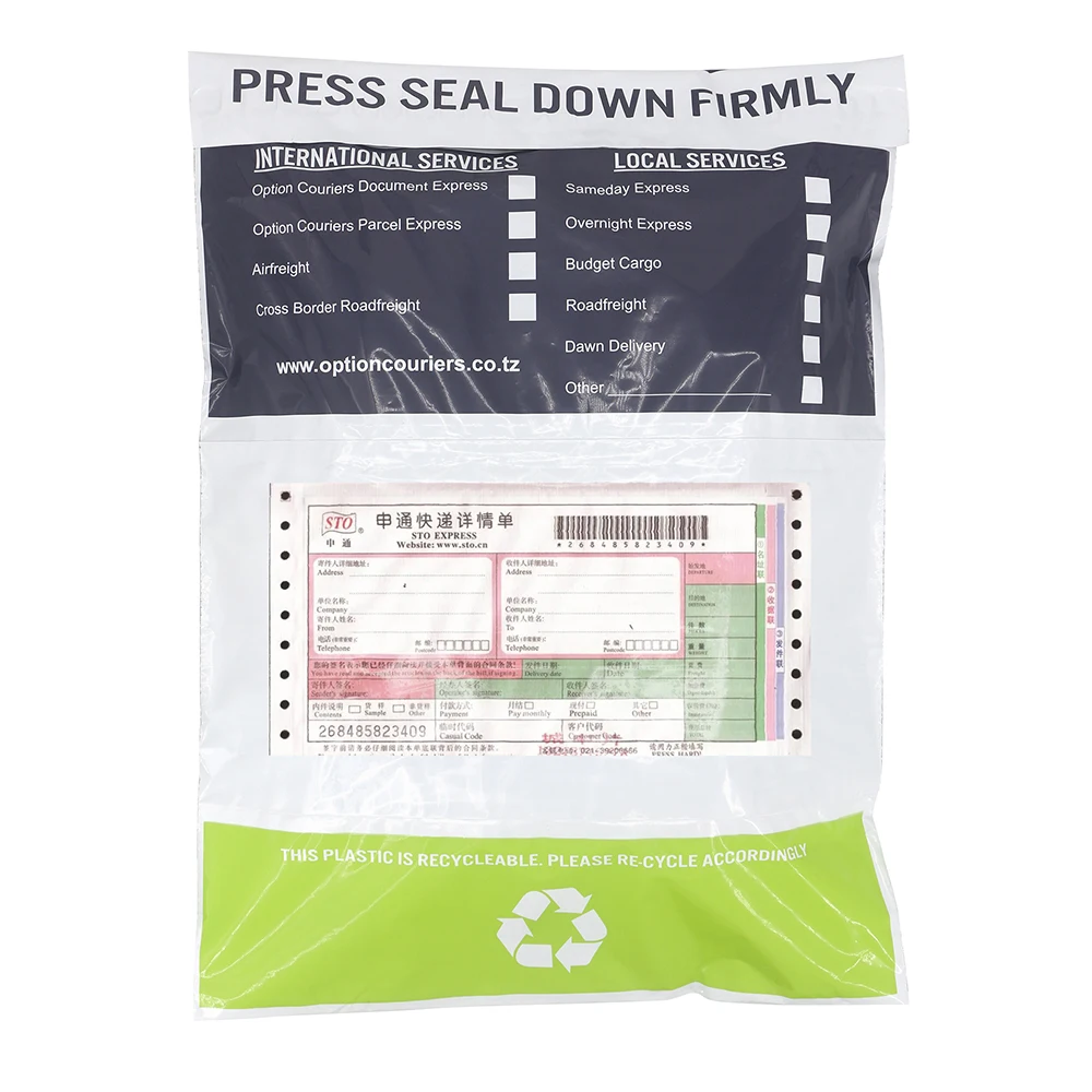 Custom  print dhl plastic mail bags with transparent clear pocket for invoice